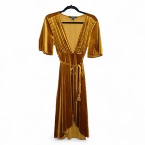 Elegant Gold Velvet Midi Plunge Neck Dress